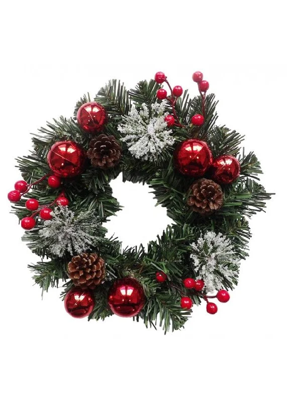 30cm Red Bauble And White Frosted Hanging Christmas Wreath - Christmas Artificial Xmas