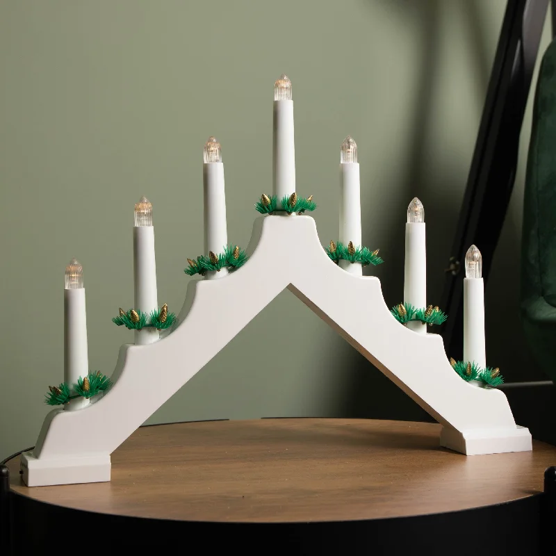 41cm Battery Operated Light up White Wooden Christmas Candle Bridge with 7 Warm White LEDs