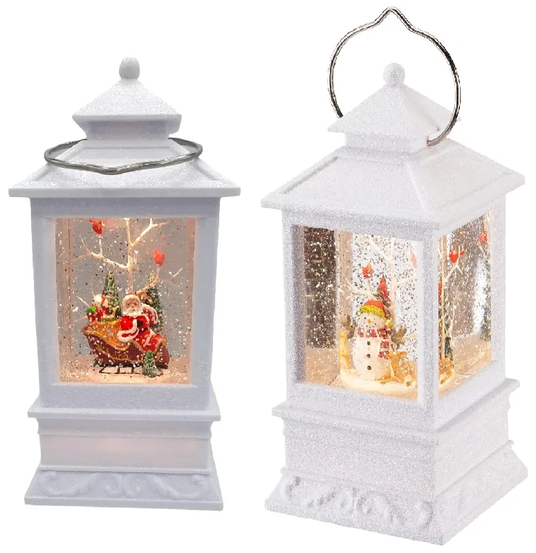 8.5" Battery-Operated White Spinning Water Globe Lantern with Holiday Scene