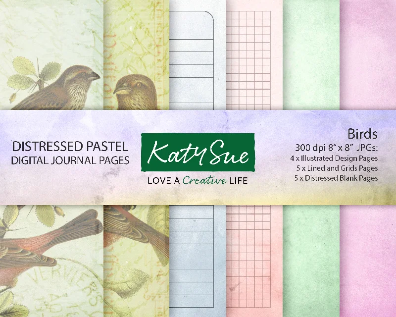 Distressed Pastel Birds | Digital Journal Pages