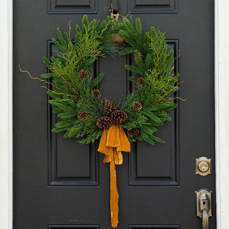 Evergreen Forest Mixed Greens & Pine Cone Holiday Winter Front Door Crest Christmas Wreath with Gold Velvet Bow