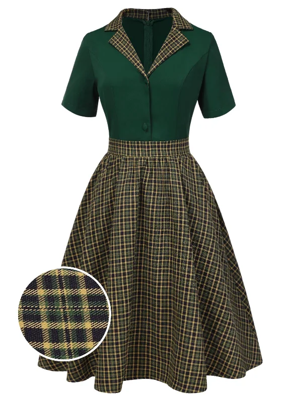 Green 1950s Plaid Patchwork Lapel Dress