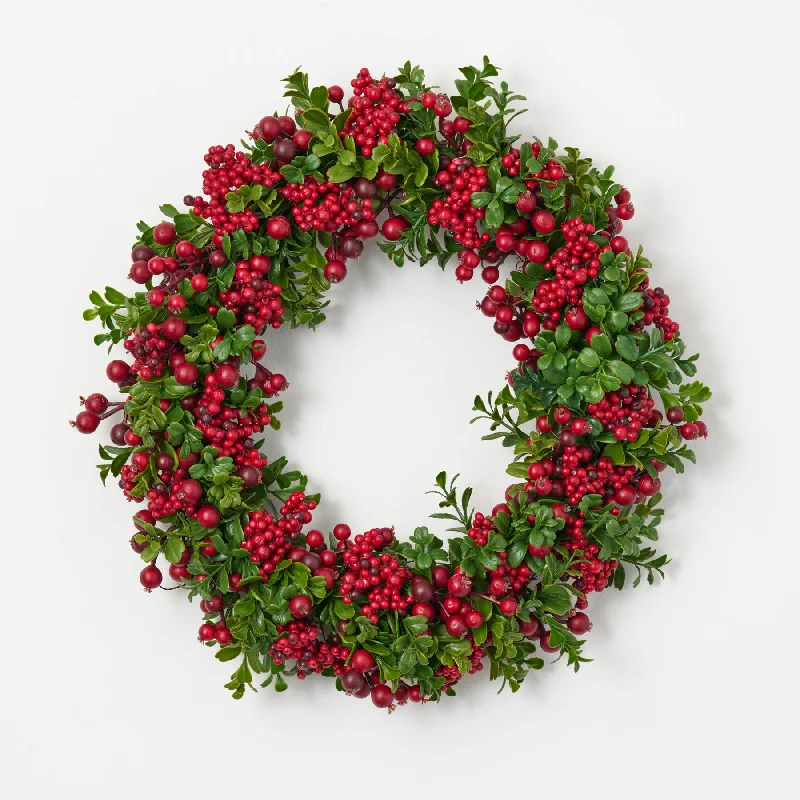 Lifelike Green Boxwood & Mixed Red Berry Christmas Holiday Front Door Wreath