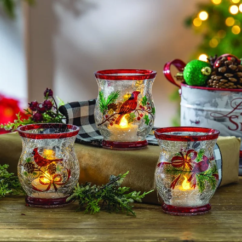 3.5" Hand-Painted Cardinal Crackle Glass Candle Holder