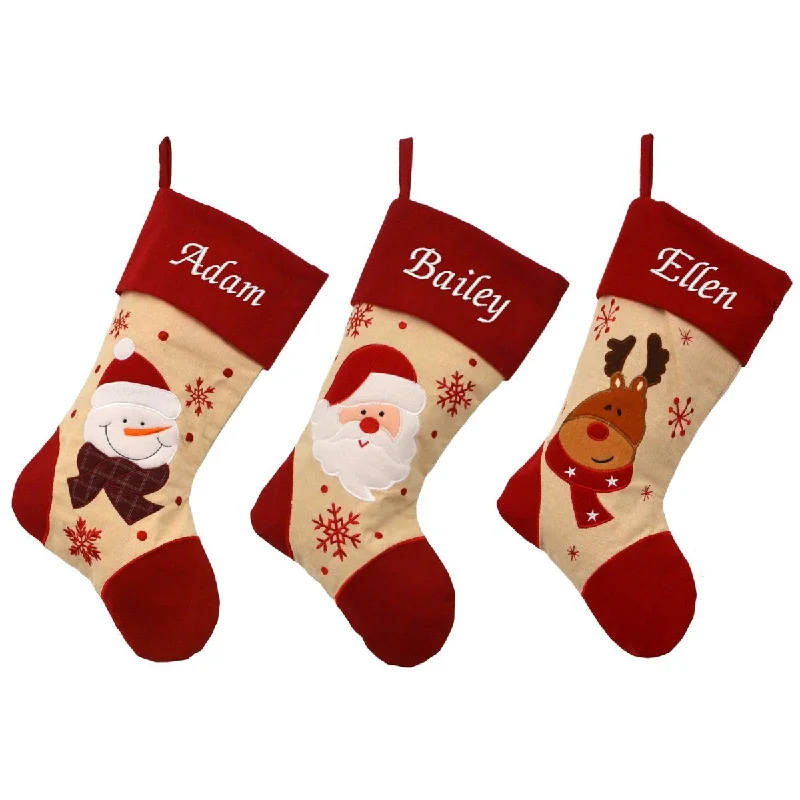 Personalised Embroidered Calico Stocking with Snowman Santa or Reindeer