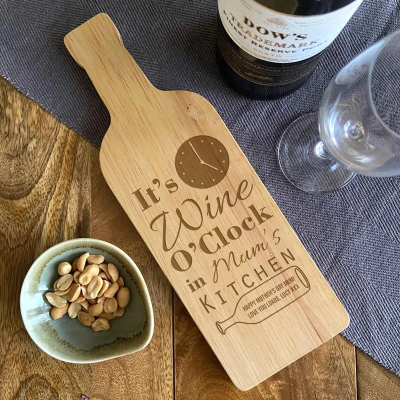 Personalised Wine O'Clock Wooden Chopping Board Bottle Shape