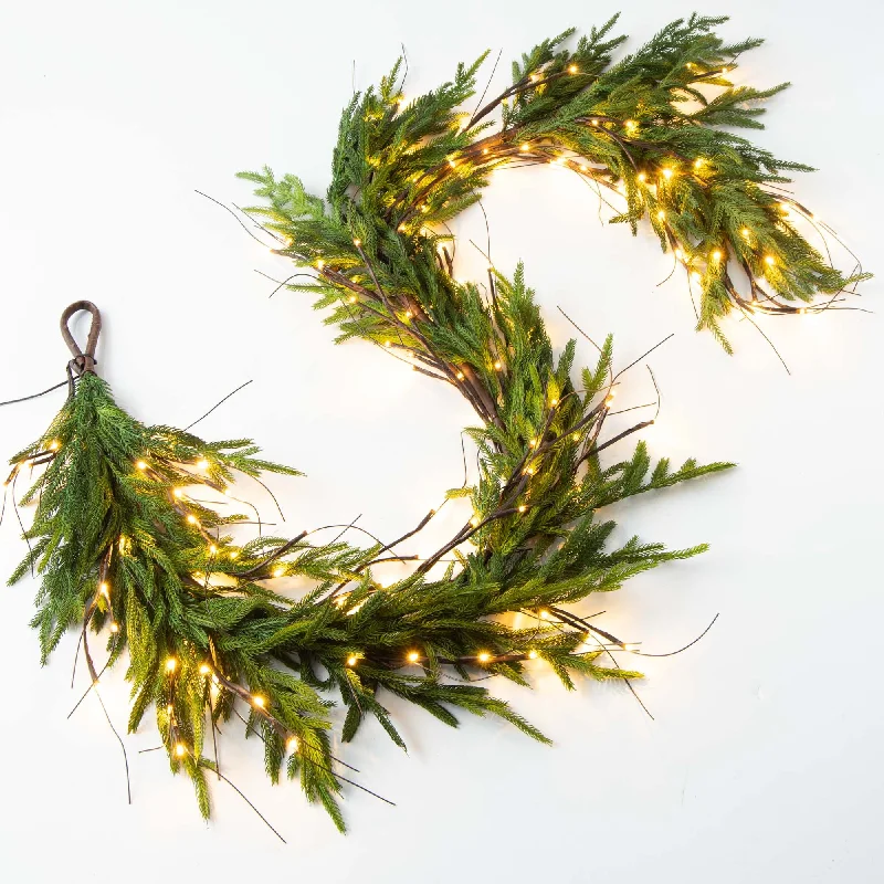 Twig Light & Real Touch Green Norfolk Pine Pre-Lit Winter Christmas Mantle Garland Table Runner