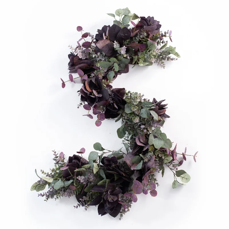 Purple, Aubergine & Green Mixed Eucalyptus Everyday Fall Mantle Table Runner Garland