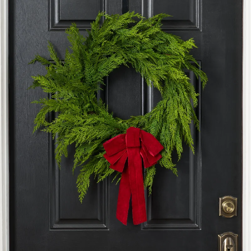 Real Touch Lebanon Cedar Outdoor Winter Greenery 24" Christmas Wreath - 6 Holiday Bow Options