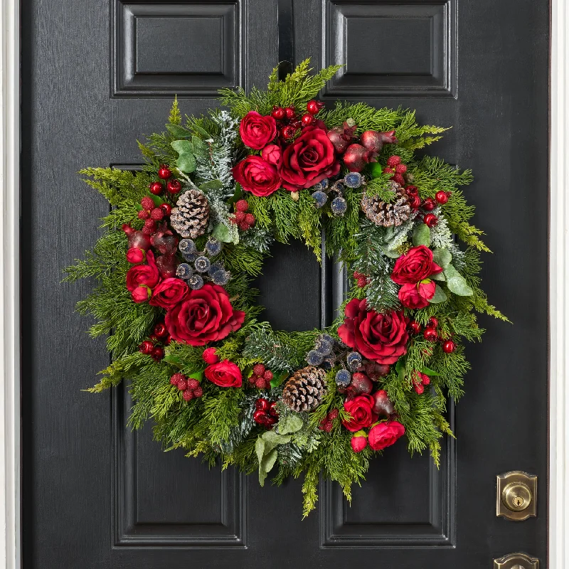 Red Queen Rose & Mixed Winter Berry Classic Holiday Front Door Mantle Wreath