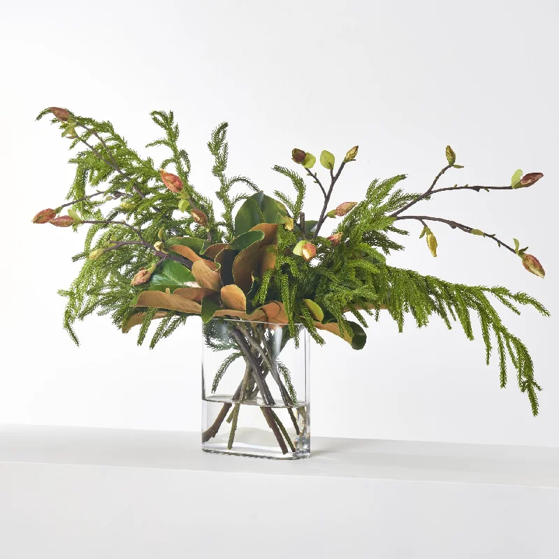 Winter Tidings - Real Touch Norfolk Pine with Magnolia Leaves & Bud Branches Holiday Greenery Arrangement